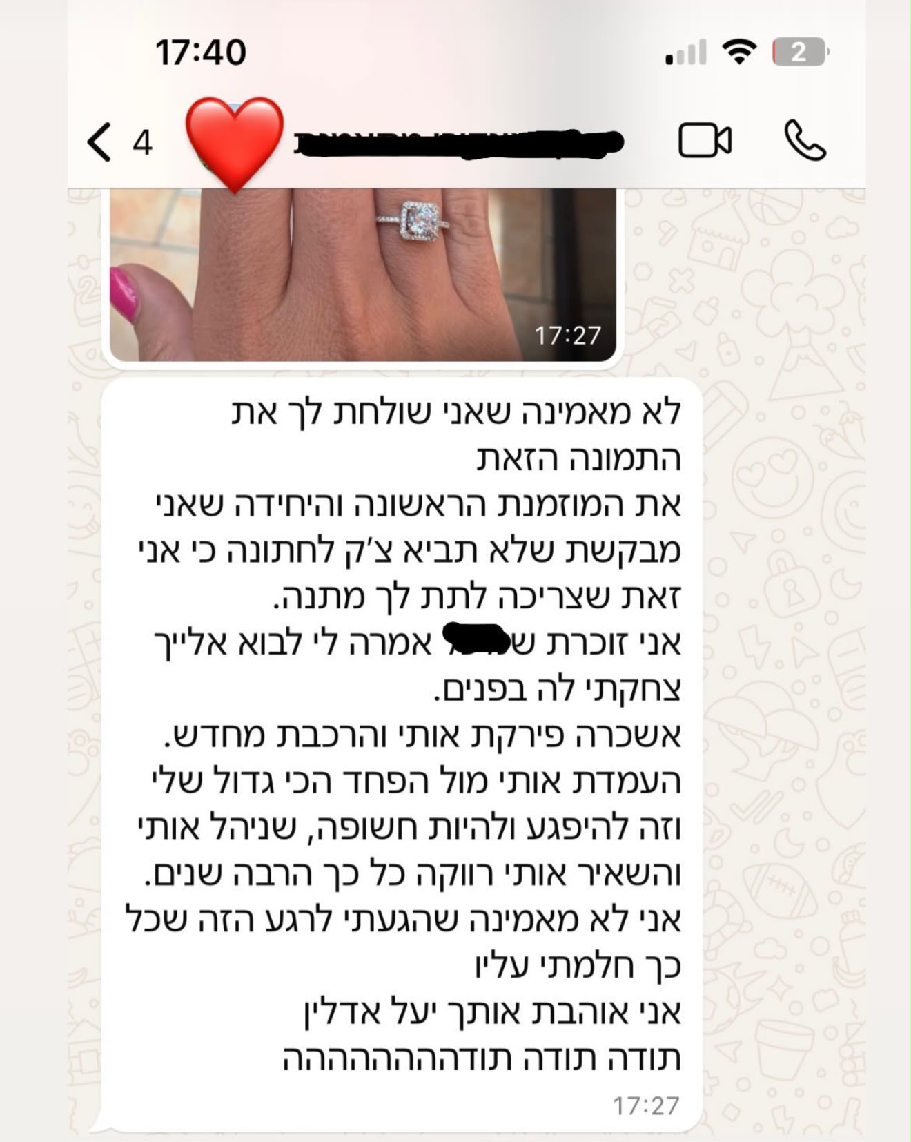 הודעת וואטסאפ ממתאמנת ששולחת תמונה של טבעת אירוסין: אשכרה פירקת אותי והרכבת מחדש. אני לא מאמינה שהגעתי לרגע הזה שכל כך חלמתי עליו.