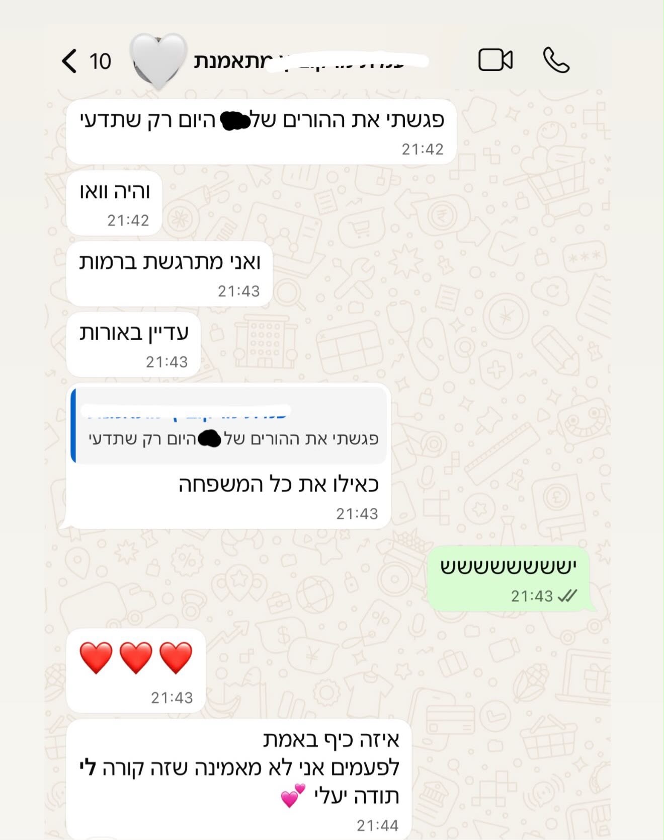 הודעות וואטסאפ ממתאמנת: פגשתי את ההורים היום והיה וואו. לפעמים אני לא מאמינה שזה קורה לי. תודה יעלי.